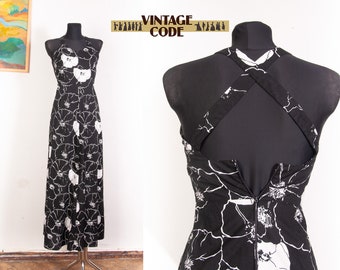 Vtg 1970s  Poppy Floral Monochrome Cotton Maxi Dress / Finnish vtg  Petri dress / sz xs
