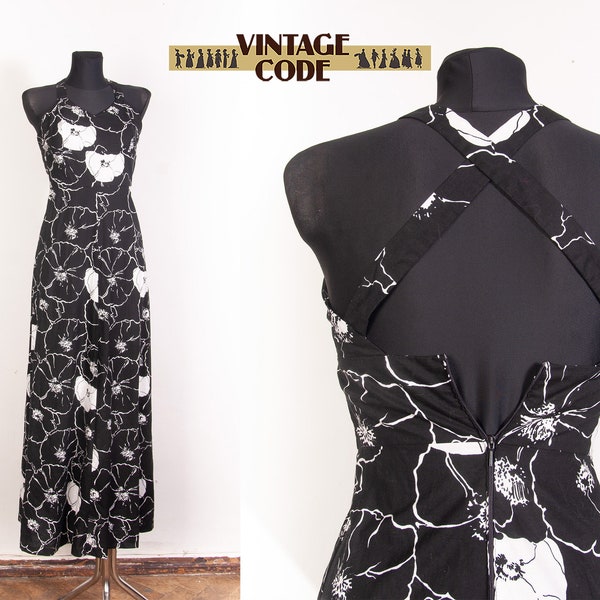 Vtg 1970s  Poppy Floral Monochrome Cotton Maxi Dress / Finnish vtg  Petri dress / sz xs