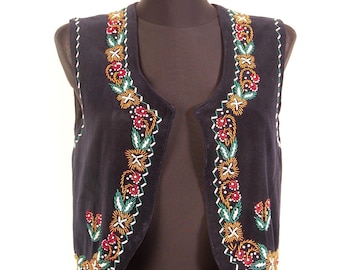 Vintage Romanian Beaded Velvet Vest / Folk Embroidered  Dark Blue Ethnic Vest / S M