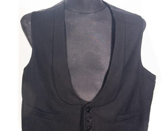 Vintage 1930s 1940s Black Wool Waistcoat, Shawl Collar Tuxedo Vest (XL to Plus)