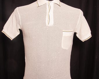 Vintage 1970s Mesh Knit Polo Shirt / White Nylon Honeycomb Knit Mod Tennis / Small