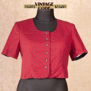 Vtg Red Ditsy print Dirndl Trachten Top blouse / Austrian Salzburger Cottage core Short sleeve Cotton Fitted top blouse /  sz XL