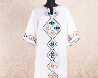 Vintage Marokkanischer Kaftan Weiß Bestickt / Handbesticktes Sommer Festival Gandoura /