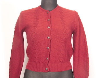 Cardigan de lã austríaco vintage/Sigi Scheiber Tirol vermelho tijolo feito malha estilo 40 M/L