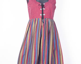 Vintage Norwegian Hverdagsbunad Dress Red Bodice Striped Skirt Folk Costume Norway / M