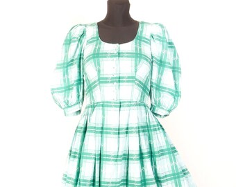 Vintage Grün kariertes Baumwoll Dirndl Kleid: Österreichische Cottagecore Folklore Kleid, Größe XS