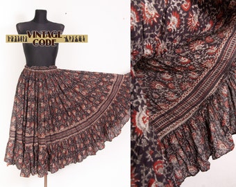 70s vtg Phool Indian Gauze Cotton Maxi Skirt / Tiered flounced Gauze Full skirt Indian gauze skirt