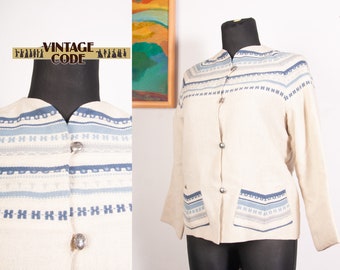 50s 60s Norway Cardigan Tynsetjakken by Gripstads Veverti  Aros  / Crem white Blue Wool cardigan with pockets  /  size  Large