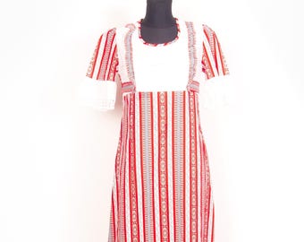 Vintage 70s Swedish  Cotton Prairie Maxi Dress Red White Folk Lace Empire waist / S-M