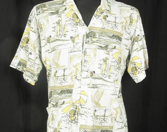 Vintage 90s Golf Print Shirt Oversized Leisure Shirt Soft Cotton Button Up Schiesser / L XL