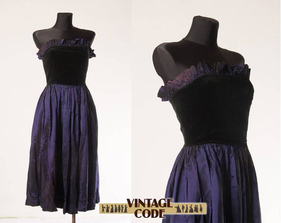 80s Velvet taffeta dress Radley / Blue Purple Blac
