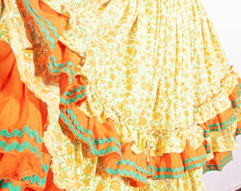 Vintage Square Dance Skirt Cotton Prairie Skirt / Orange Roses Tiered Ruffle Western Folk / M