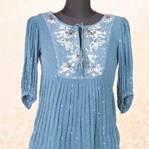 Indian Embellished Hand Embroidered Sequin Silk top  / Teal blue evening top with ties   / sz Small to Medium