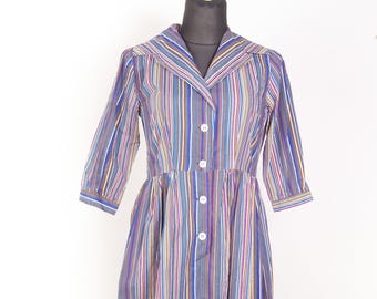 Vintage 50er Jahre Gestreiftes Blusenkleid aus Baumwolle mit V Ausschnitt in Gr. L