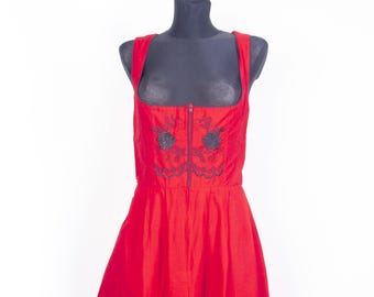 Vintage Red Embroidered Dirndl Dress / 90s Skandal Corset Gothic Oktoberfest Dress / S