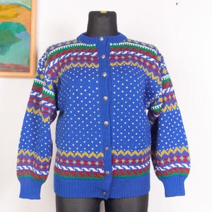 80s 90 Blue colorful Zig zag Handmade wool  Cardigan  /  Funky Funny Crazy Freaky  Chevron cardigan  / sz Large