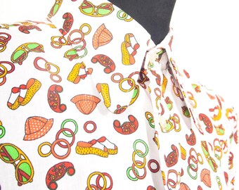 Vintage 70s Sunglasses Print Shirt: Swedish Cotton Blend Button-Up, L-XL