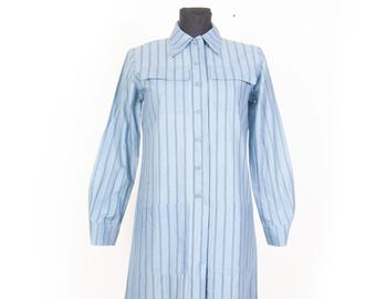 Vintage 1976 Marimekko Shirt Dress / Powder Blue Striped Cotton Midi / Finnish Minimalist Designer Dress