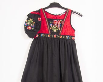 Kids Nordic Folk Dress and hat: Red Embroidered Festdrakt, Size 7-8