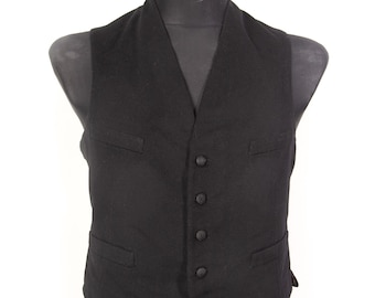 1920s Wool Waistcoat: Black Tailored Vest with Silk Buttons, Size S/M