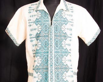 Vtg Embroidered Greek Shirt /  70s  Blue Cream Tunic Top / Folk Peasant Hippie / S M