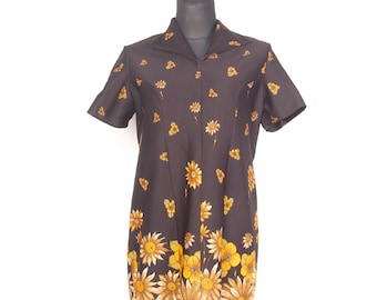 70s Vintage Floral Print Dress, Dark Brown Crimplene Jersey, Large to XL