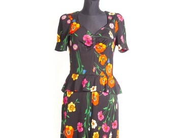 Vintage Black Floral Maxi Dress / 70s 90s Peplum Flower Print Long Summer Dress / M