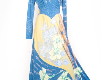 Maxi robe fleurie en jersey Mac Tac vintage des années 70 : Art nouveau, taille petite à moyenne