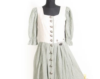 Vintage Isola Dirndl Dress Green Gingham Linen Austrian  Oktoberfest Prairie Midi  / Medium
