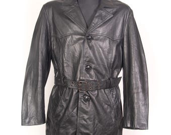 Vintage Schwarze Lederjacke / Ende 70er / Anfang 80er Jahre / mit Gürtel