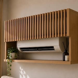 Hand Made Wooden Air Conditioner Cover With Shelves – Modern Slatted AC Cover | Minimalist Home Decor