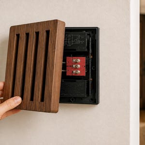 以下が含まれることがあります： 垂直なスリットが入った長方形のダークブラウンの木製カバー。壁に取り付けられた黒い電気ドアベルチャイムの機構の前にかざされています。内部のコンポーネントには、3本の銀色のネジが付いた赤い端子台と配線図が見えます。