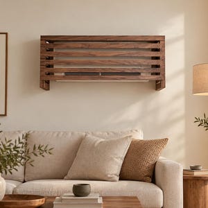 May include: A rectangular wall-mounted air conditioner cover made of horizontal dark brown wooden slats. The cover features an open-slat design that allows for airflow while concealing the white air conditioning unit mounted behind it.