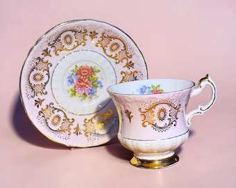 Vintage Paragon roze gouden theekop schotel | Floral Fine Bone China Engeland