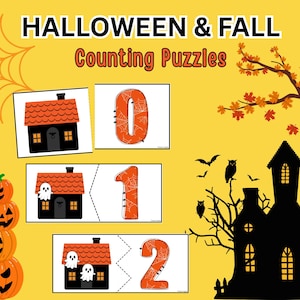 May include: A set of Halloween and Fall counting puzzles featuring orange and black houses with ghosts, and orange numbers zero through two with spiderweb patterns. The background is yellow with a stack of jack-o'-lanterns and a haunted house silhouette.