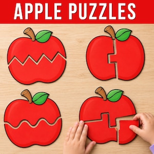 Può includere: Quattro puzzle a forma di mela rossa con foglie verdi e piccioli marroni, ognuno con diversi motivi di taglio. Il testo APPLE PUZZLES è visualizzato in alto. I puzzle sono disposti su una superficie in legno chiaro con mani che assemblano.