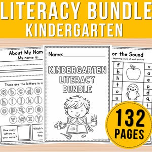 May include: A literacy bundle for kindergarten featuring 132 pages of educational worksheets. The pages include activities like About My Name, letter recognition, and beginning sound exercises with illustrations of an apple and a penguin.