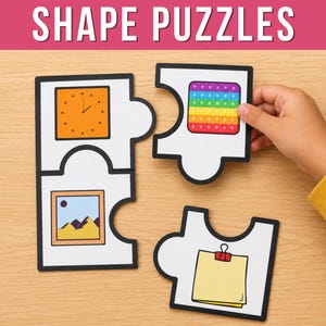 May include: A set of white puzzle pieces with black borders featuring illustrations of a square clock, a rainbow-coloured pop-it toy, a framed landscape painting, and a yellow sticky note with a red binder clip, labelled SHAPE PUZZLES.