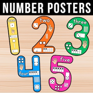 May include: Educational number posters featuring the digits one through five in yellow, orange, green, blue, and pink. Each number displays its written name, a hand gesture, tally marks, dice, and a ten-frame representation of the quantity.