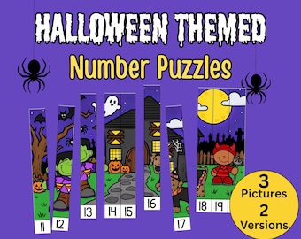 Actividades numéricas de Halloween del 1 al 10 / Rompecabezas numéricos, emparejamiento de números por palabras y dados / Material didáctico de matemáticas para preescolar / Actividad de aprendizaje de Halloween