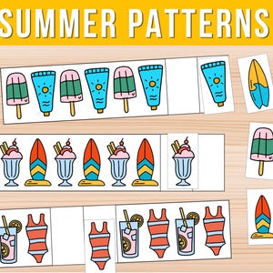 以下が含まれることがあります： 上部にSUMMER PATTERNSの文字が書かれた、夏のパターンが繰り返される3つの水平ストリップのセット。イラストには、アイスキャンディー、日焼け止めチューブ、サーフボード、アイスクリームサンデー、水着、柑橘系の飲み物が含まれています。