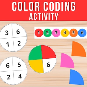 May include: A color coding activity set featuring a red header with the text COLOR CODING ACTIVITY. It includes two white circular spinners divided into four quadrants with black numbers, a color key strip, a partially colored circle, and three loose colored quarter-circle shapes in orange, pink, and blue.