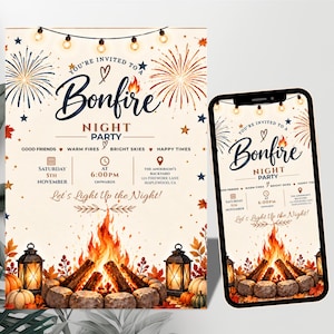 May include: A Bonfire Night party invitation card and a smartphone displaying the same design. The graphic features fireworks, string lights, a campfire, lanterns, and pumpkins. Text includes: You're Invited to a Bonfire Night Party, Saturday 5th November, 6:00PM, and Let's Light Up the Night!