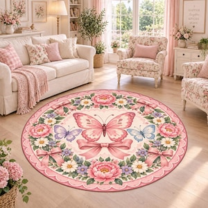 May include: A round area rug featuring a large central pink butterfly surrounded by a circular border of pink peonies, white daisies, and small purple flowers. The design includes pink ribbons and a smaller blue butterfly on a cream background.