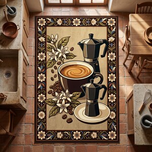 May include: A rectangular area rug featuring a central illustration of a large cup of coffee, two black moka pots, coffee beans, and white coffee blossoms. The design is framed by a dark brown border with a repeating pattern of white flowers.