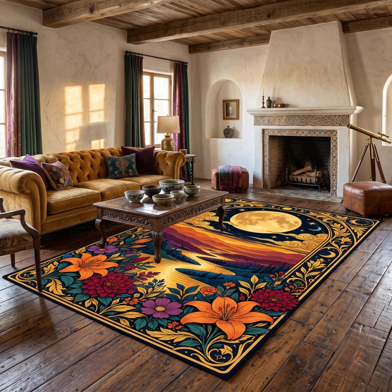 Moon Patterned Rugs Celestial Moon Rug, Floral Landscape Rug, Boho Nature Rug, Mystical ...