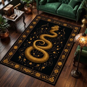 Golden Snake Rug, Black Gold Serpent Area Rug, Luxury Gothic Decor, Dark Academia Rug, Elegant Snake Wall Art Style Carpet