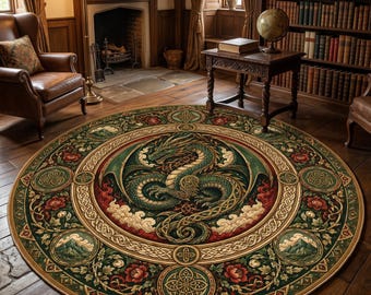 Green Dragon Round Rug, Celtic Dragon Rug, Medieval Fantasy Decor, Gothic Round Carpet, Mythical Dragon Rug, Celtic Knot Area Rug