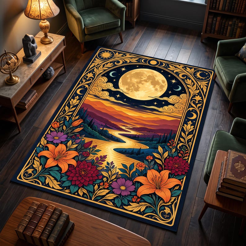 Moon Patterned Rugs Celestial Moon Rug, Floral Landscape Rug, Boho Nature Rug, Mystical ...