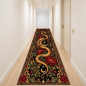 Golden Snake Runner Rug, Gothic Rose Rug, Celestial Moon Runner, Mystical Serpent Rug, Witchy Decor